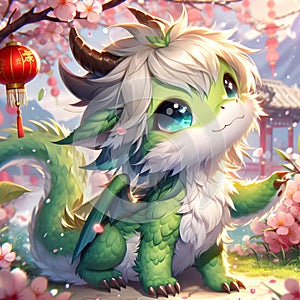 An adorable fluffy green dragon, posing in cute expression, with mei hwa flower blossoms, digital anime art, red lampion