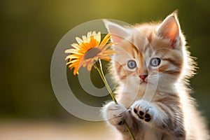 adorable fluffy kitten holding flower in paws outdoors