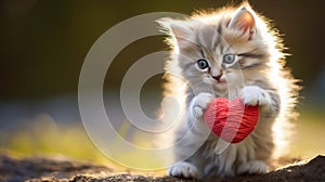 adorable fluffy kitten holding knitted heart in paws outdoors