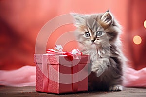 adorable fluffy kitten holding pink gift box in paws