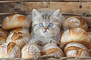 Adorable Fluffy Kitten Sitting Among Freshly Baked Bread Loaves in Rustic Wooden Basket