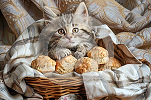 Adorable Fluffy Kitten Sitting in Wicker Basket with Homemade Biscuits on Cozy Bedding