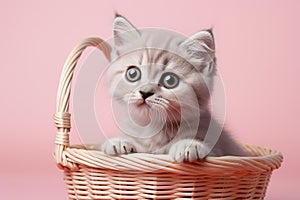 adorable fluffy little grey kitten sitting in a wicker basket on a pink background