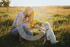 Adorable fluffy puppy giving paw to girl owner and having treat. Woman training cute white puppy to behave  in summer meadow in photo