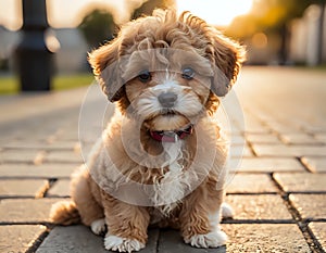 Adorable Fluffy Puppy: Golden Hour Portrait, Warm and Sweet photo