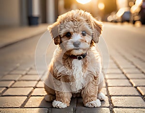Adorable Fluffy Puppy Posing: Golden Hour Street Portrait photo