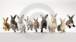 Adorable fluffy rabbits with perky ears hopping on white background