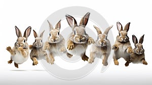 Adorable fluffy rabbits with perky ears hopping on white background