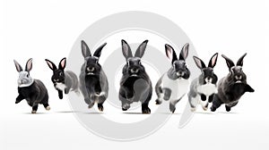 Adorable fluffy rabbits with perky ears hopping on white background