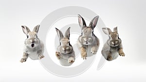 Adorable fluffy rabbits with perky ears hopping on white background