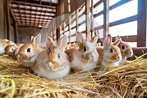 Adorable fluffy rabbits sit by cages with metal grids at animal farm rodent pets breeding