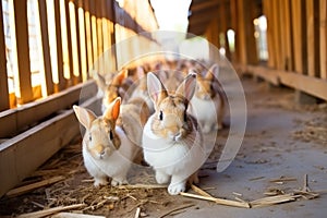 Adorable fluffy rabbits sit by cages with metal grids at animal farm rodent pets breeding