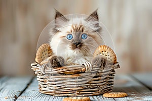 Adorable Fluffy Siamese Kitten with Striking Blue Eyes Peeking Out from Wicker Basket with Cookies