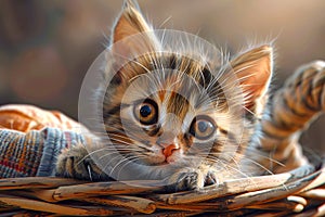 Adorable Fluffy Tabby Kitten with Big Eyes Relaxing in Wicker Basket Cute Feline Pet Portraiture