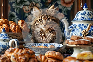 Adorable Fluffy Tabby Kitten Sitting at Table with Croissants and Vintage Teaware in Cozy Home Setting