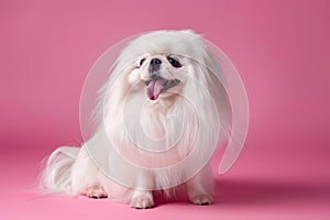 Adorable Fluffy White Pekingese Dog Posing with a Smile on a Soft Pink Background, Perfect for Pet Lovers