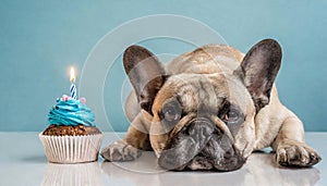 Adorable french bulldog with birthday cupcake with lit candle, dog photo in studio, birthday celebration, pastel background.