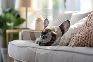 Adorable french bulldog blissfully asleep on sofa, creating perfect copy space for captivating text