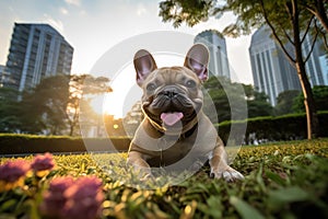 Adorable French Bulldog Enjoying Sunset in Urban City Park