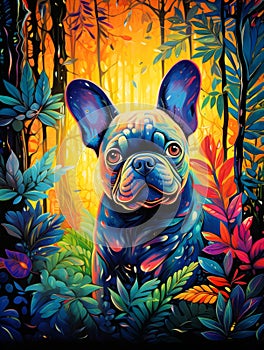 Adorable French Bulldog in the Forest Painting.