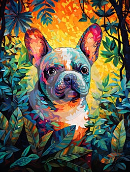 Adorable French Bulldog in the Forest Painting.