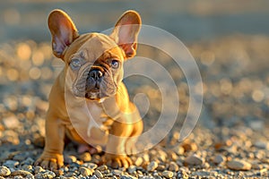 Adorable French Bulldog Puppy with Perky Ears Sitting on a Pebble Beach at Sunset, Cute Canine Portrait