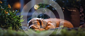 Adorable friendly dog peacefully sleeping under the stars at his home backyard garden - generative ai