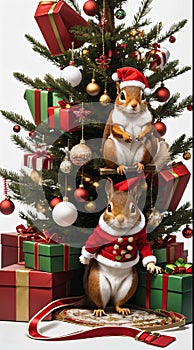 The adorable and friendly squirrels dressed in holday attire with christmas tree and the ornaments, presents, cartoon design