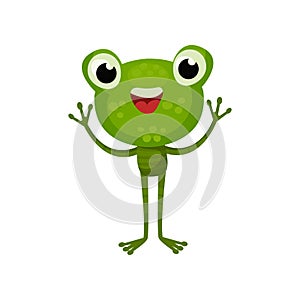 Adorable frog with cheerful face expression. Cartoon character of friendly green toad with paws up. Flat vector for