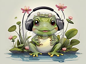 Adorable froggy wearing headphone, pose in cute with dragonflies, water lilies, at a pond, water, cartoon, disney style
