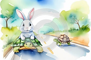adorable funny bunny riding turtle carapace on road, watercolor illustration