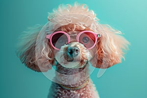 Adorable funny poodle dog with cool hairstyle and pink sunglasses, generative ai