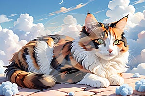 A adorable furry feline peacefully resting on heavenly clouds in the sky