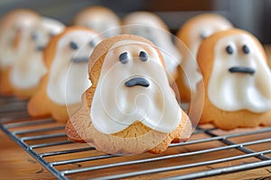 Adorable Ghost Shaped Cookies Cooling on Wire Rack for Halloween Treats and Holiday Baking Concepts