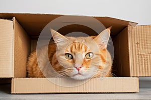 Adorable Ginger Cat in Playful Pose Under Cardboard Box: Charming Feline Moments.