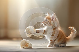 Adorable Ginger Kitten Playing with Fluffy Yarn Balls in Warm Sunlit Room, Cute Feline Pet Fun