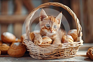 Adorable Ginger Kitten Sitting in a Wicker Basket Surrounded by Golden Baked Goods in a Cozy Home Environment