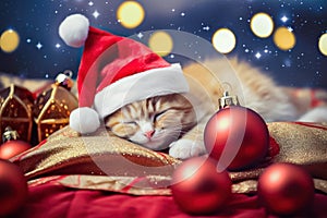 Adorable Ginger Kitten Sleeping in Santa Hat Among Christmas Decorations - Generative AI