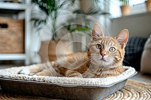 Adorable ginger tabby kitten relaxing on soft cozy bed on a floor carpet and looking ot camera. Blurred home interior.