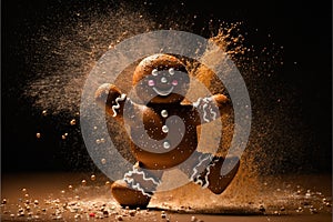 Adorable gingerbread man dancing in cocoa powder