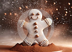 Adorable gingerbread man dancing in cocoa powder