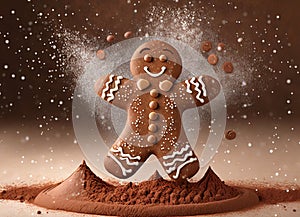 Adorable gingerbread man dancing in cocoa powder