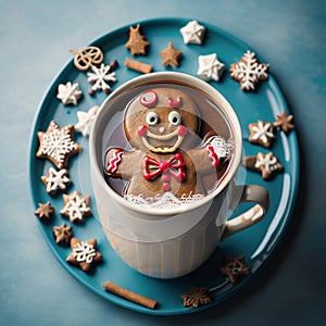 An adorable gingerbread man, in a hot cup of cocoa