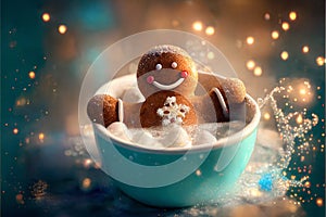 Adorable gingerbread man sitting in a cup of frothy hot cocoa