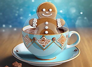 Adorable gingerbread man sitting in a cup of hot cocoa