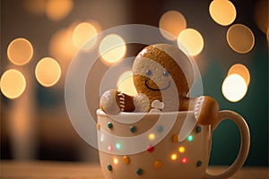 Adorable gingerbread man sitting in a cup of hot cocoa