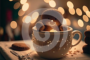 Adorable gingerbread man sitting in a cup of hot cocoa