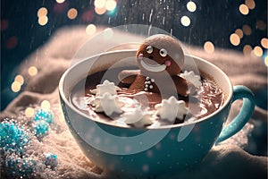 Adorable gingerbread man sitting in a cup of hot cocoa