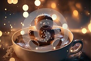 Adorable gingerbread man sitting in a cup of hot cocoa