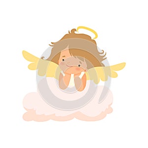 Adorable Girl Angel with Nimbus and Wings, Cute Baby Cartoon Character in Cupid or Cherub Costume Vector Illustration
